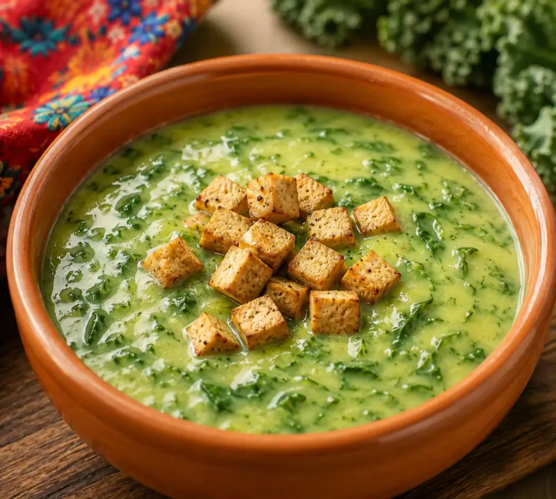 Caldo verde com cubos de tofu defumado