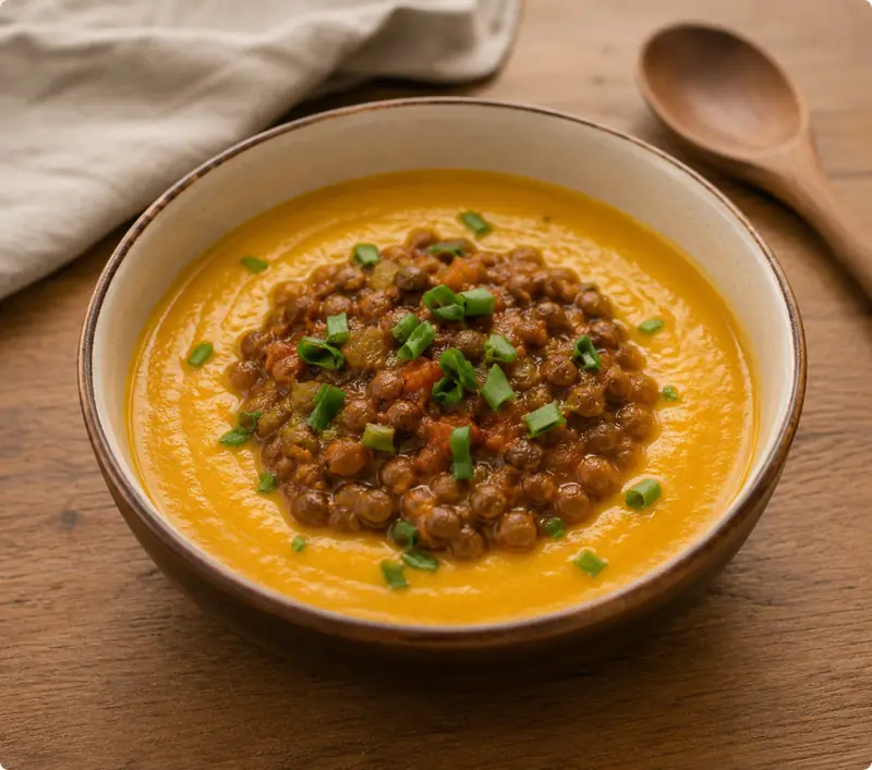 Creme de abóbora com ragu de lentilha