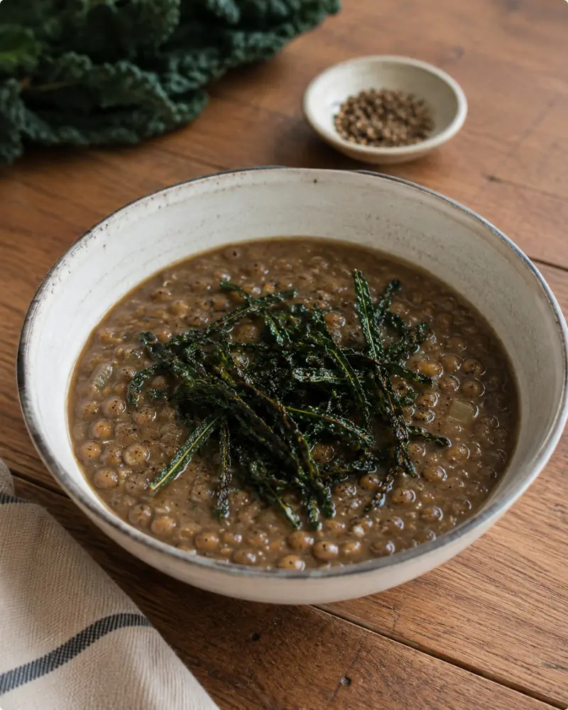 Sopa de lentilha com crispy de couve