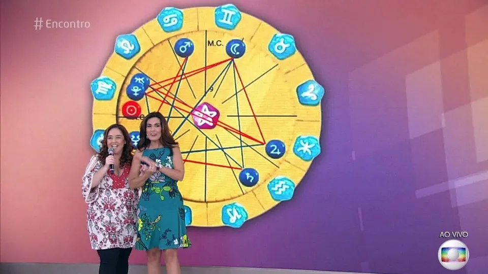 Débora Lamm e Fátima Bernardes no palco do Encontro, diante de um Mapa Astral no telão