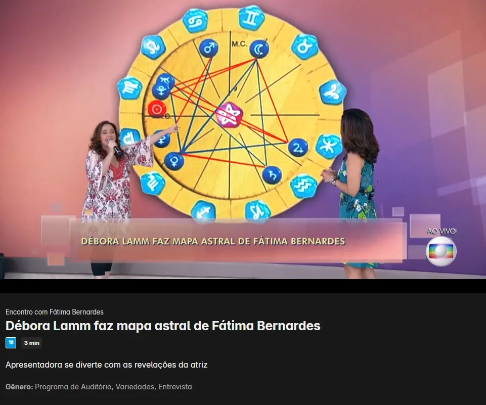 Página do Globoplay: Débora Lamm faz mapa astral de Fátima Bernardes no programa Encontro