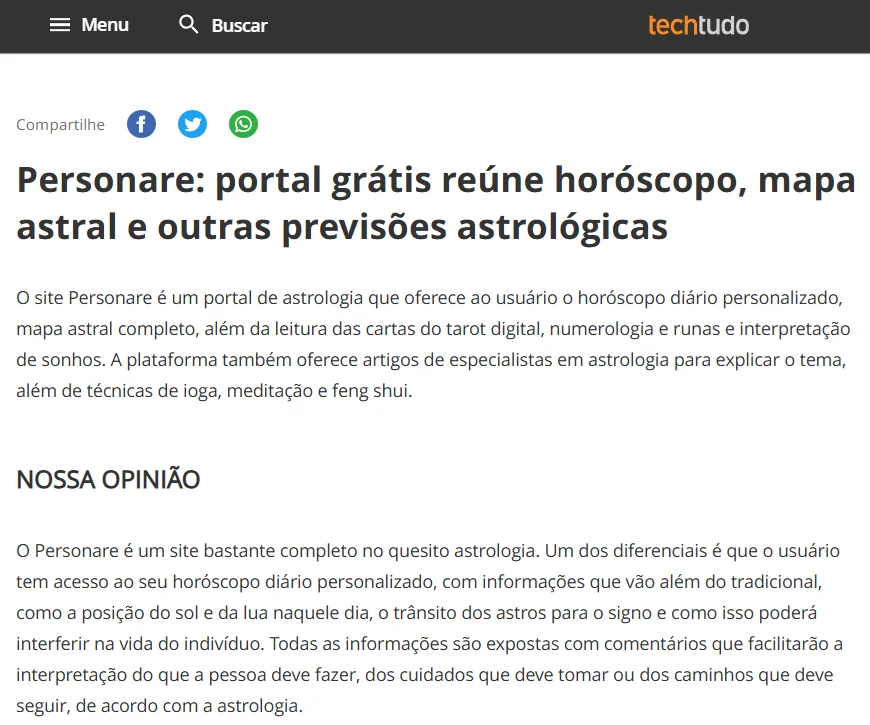 Matéria do TechTudo sobre o Personare: portal grátis reúne horóscopo, mapa astral e outras previsões astrológicas